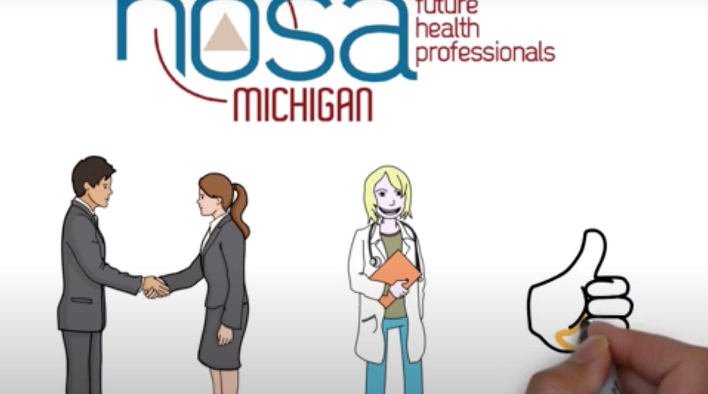 Michigan HOSA Logo with hand drawn art of: business people shaking hands, female doctor in lab coat, and a hand drawing a thumbs up sign