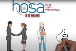 Michigan HOSA Logo with hand drawn art of: business people shaking hands, female doctor in lab coat, and a hand drawing a thumbs up sign